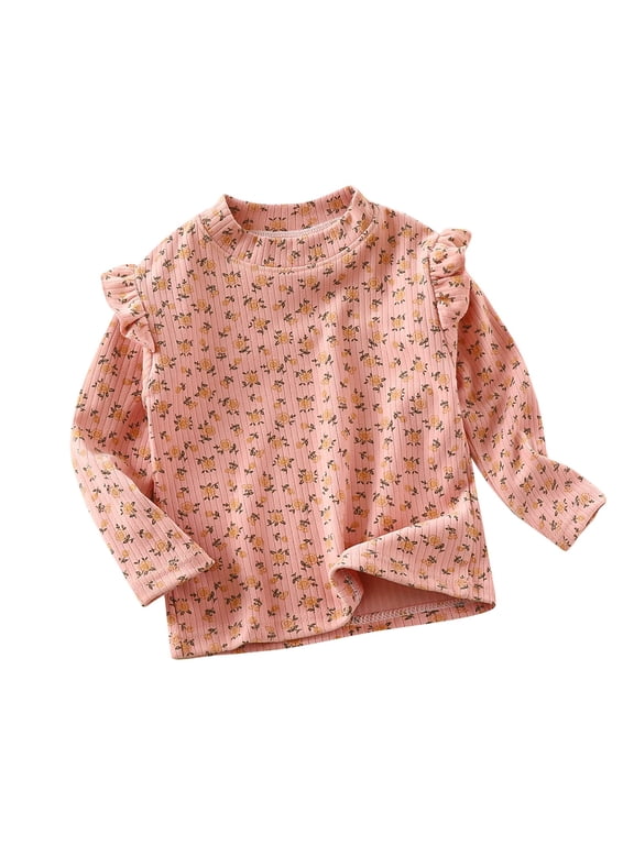 Girls Floral Long Sleeve Blouse Flying Sleeve Cute Trendy, Casual Crew Neck Tunic Top Stylish Tee For Toddler Little Girls Everyday School And Playtime Outfit