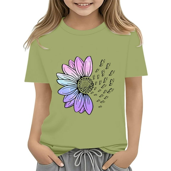 XXWXYD Girls Floral Print Crewneck T-Shirt, Short Sleeve Loose Fit School Top, Cute Activity Summer Graphic Tee for Kids Breathable Casual Wear