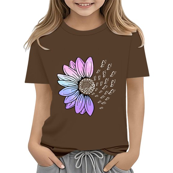 XXWXYD Girls Floral Print Crewneck T-Shirt, Short Sleeve Loose Fit School Top, Cute Activity Summer Graphic Tee for Kids Breathable Casual Wear
