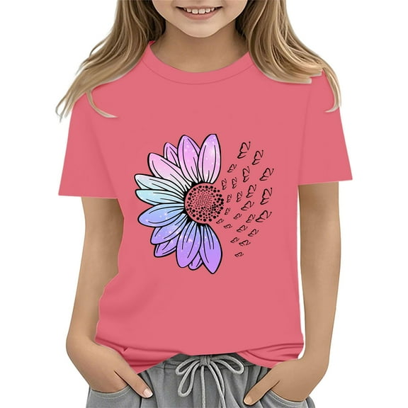 XXWXYD Girls Floral Print Crewneck T-Shirt, Short Sleeve Loose Fit School Top, Cute Activity Summer Graphic Tee for Kids Breathable Casual Wear