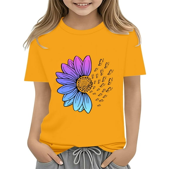 XXWXYD Girls Floral Print Short Sleeve Tee, Round Neck Seven Cuff Design T-Shirt, Orange Casual Comfort Fit Top for 3-13 Years