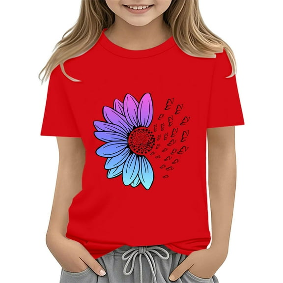 XXWXYD Girls Floral Print Short Sleeve Tee, Round Neck Seven Cuff Design T-Shirt, Orange Casual Comfort Fit Top for 3-13 Years