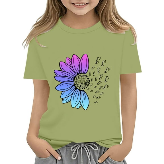 XXWXYD Girls Floral Print Short Sleeve Tee, Round Neck Seven Cuff Design T-Shirt, Orange Casual Comfort Fit Top for 3-13 Years