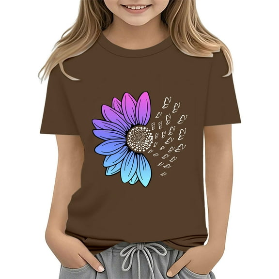 XXWXYD Girls Floral Print Short Sleeve Tee, Round Neck Seven Cuff Design T-Shirt, Orange Casual Comfort Fit Top for 3-13 Years