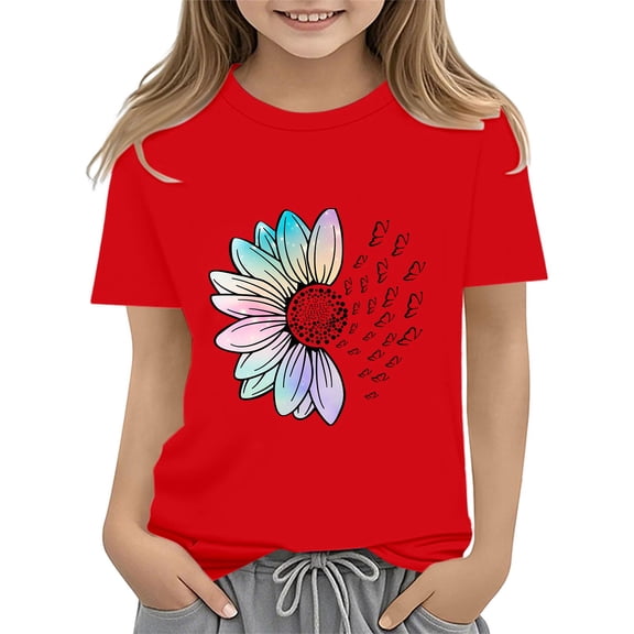 XXWXYD Girls Floral Printed Graphic Tee, Short Sleeve Crewneck Loose Fit T-Shirt, School Activity Summer Top with Moisture-Wicking