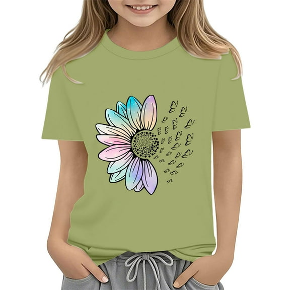 XXWXYD Girls Floral Printed Graphic Tee, Short Sleeve Crewneck Loose Fit T-Shirt, School Activity Summer Top with Moisture-Wicking