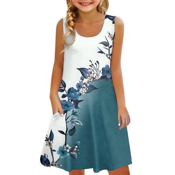 XXWXYD Girls Floral Summer Boho Dress | Sleeveless A-Line Beach 𝖲undress with Pockets | Casual Tank Playwear Outfit for Kids Vacation Outdoor