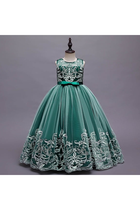 Girls Flower Girl Lace Dress for Wedding Bridesmaid Pageant Parđť—Ťy, First Birthday Dance Prom Formal Long Maxi Gown with Sequin Bowknot Puffy Tulle, Big Kids Special