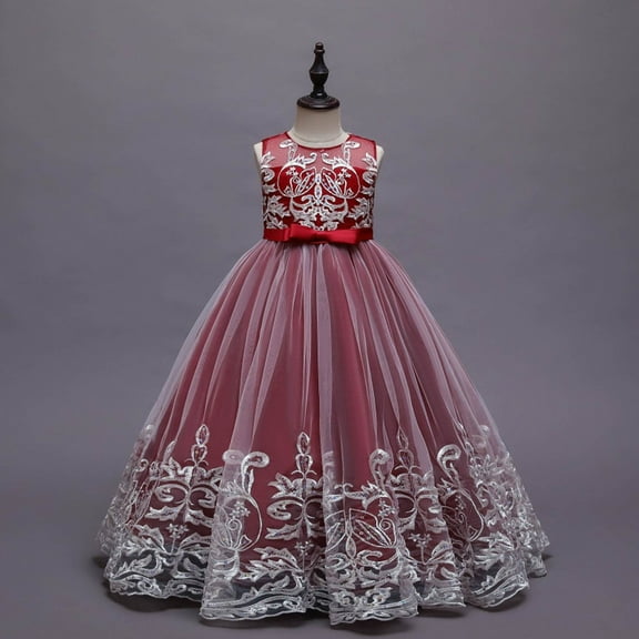 XXWXYD Girls Flower Girl Lace Dress for Wedding Bridesmaid Pageant Par𝗍y, First Birthday Dance Prom Formal Long Maxi Gown with Sequin Bowknot Puffy Tulle, Big Kids Special