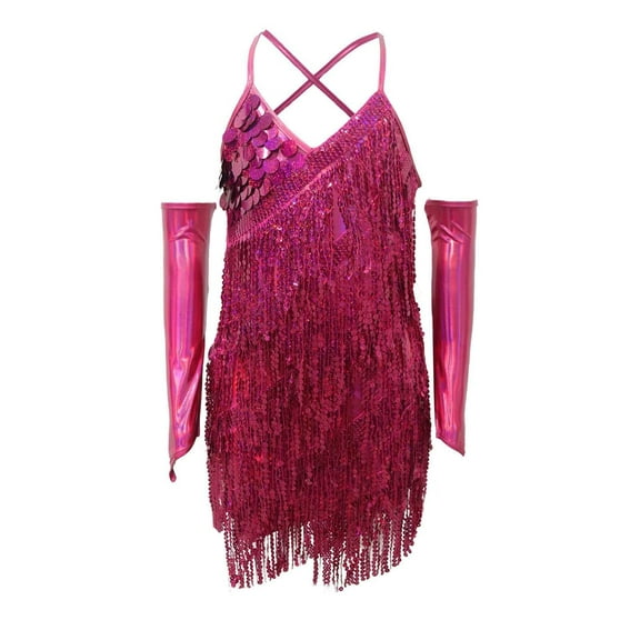 XXWXYD Girls Fringe Sequin Dance Dress Latin Dress with Choker Gloves Spaghetti Strap Tassel Performance Outfit Stretchy Stagewear