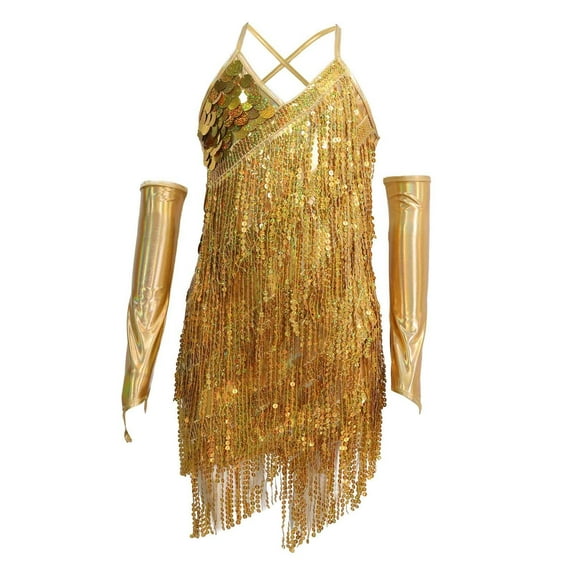XXWXYD Girls Fringe Sequin Dance Dress Latin Dress with Choker Gloves Spaghetti Strap Tassel Performance Outfit Stretchy Stagewear
