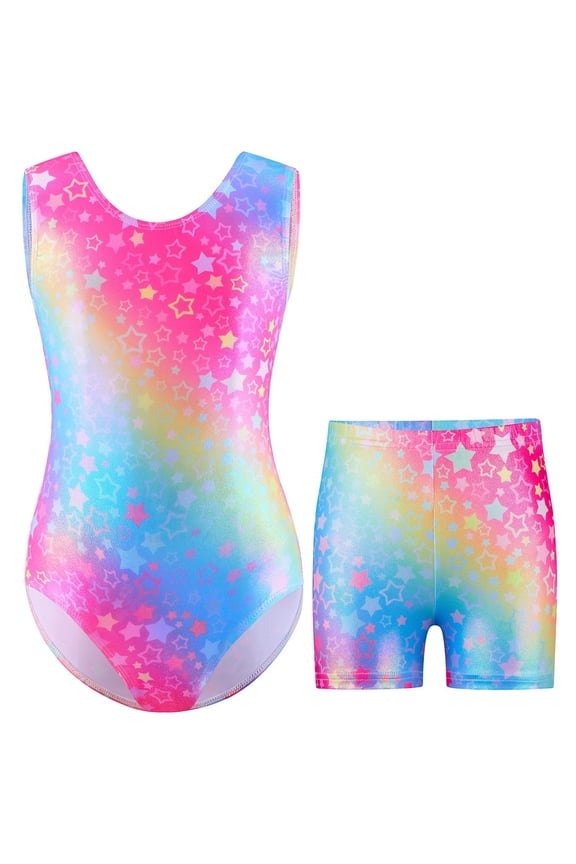 Girls Gymnastics Jumpsuit Star Digital Print Sleeveless Ballet Training Suit Stretch Fabric Performance Wear Competition Recital Outfit