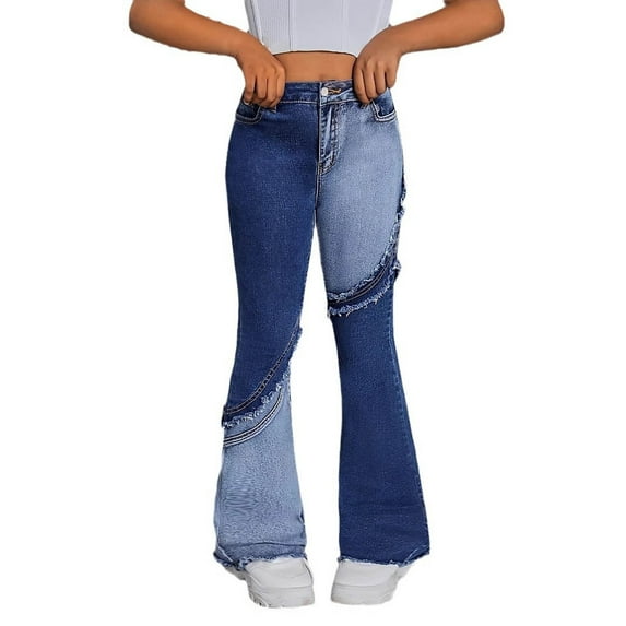 XXWXYD Girls High Waist Flare Jeans Vintage Distressed Denim Pants with Ripped Patchwork Boot-cut Design Skinny Stretc𝗁 Trousers
