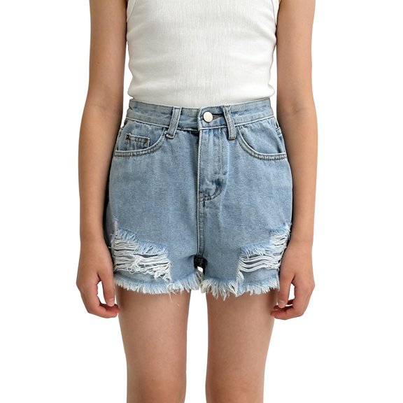 XXWXYD Girls High Waist Stretch Denim Shorts Girl's Jean Shorts Distressed Ripped Frayed Hem Denim Jorts Elastic Waist Wide Leg Summer Jean Shorts Y2𝖪 Streetwear