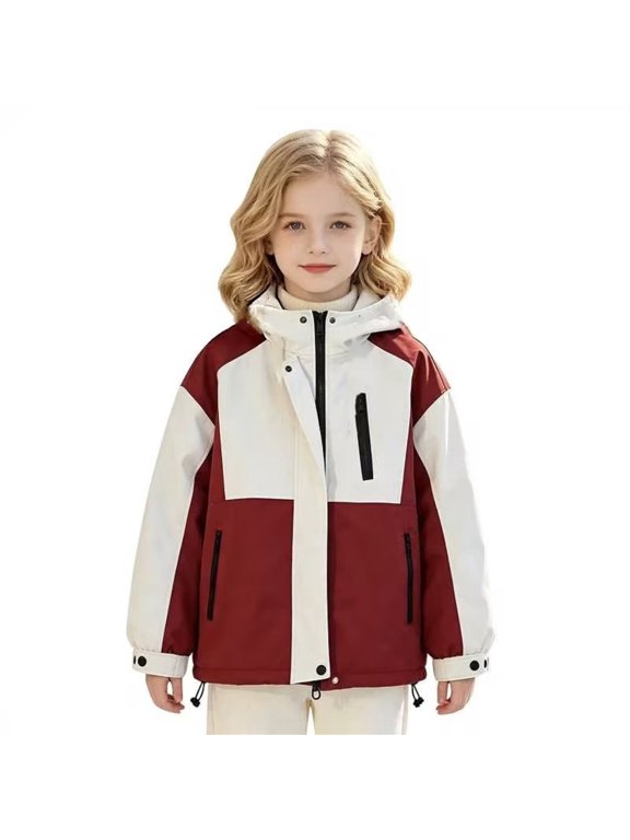 Girls Hooded Zip Up Windbreaker Shell Jacket Panel Design Full Zip Storm Placket Pockets Adjustable Cuffs Warm Thickened Outerwear Outdoor