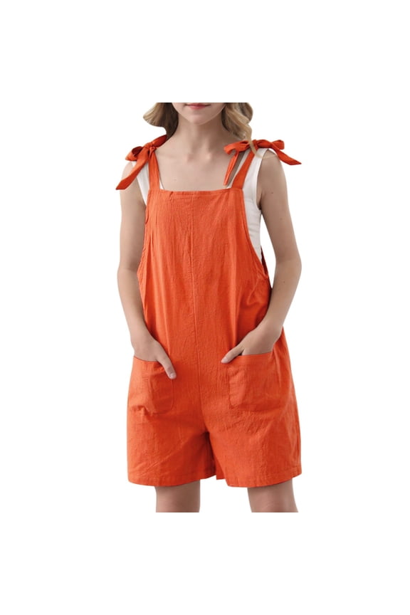 Girls Jumpsuit Sleeveless Adjustable Lace Trim Shoulder Strap Shorts with Pockets, Casual Romper for Spring Summer Fall