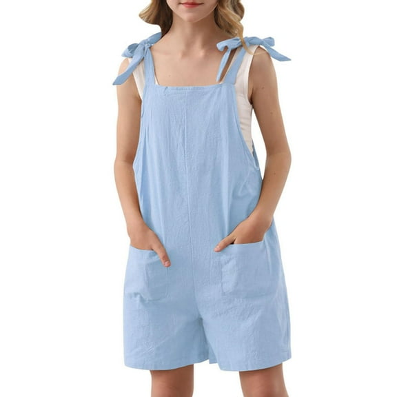 XXWXYD Girls Jumpsuit Sleeveless Adjustable Lace Trim Shoulder Strap Shorts with Pockets, Casual Romper for Spring Summer Fall