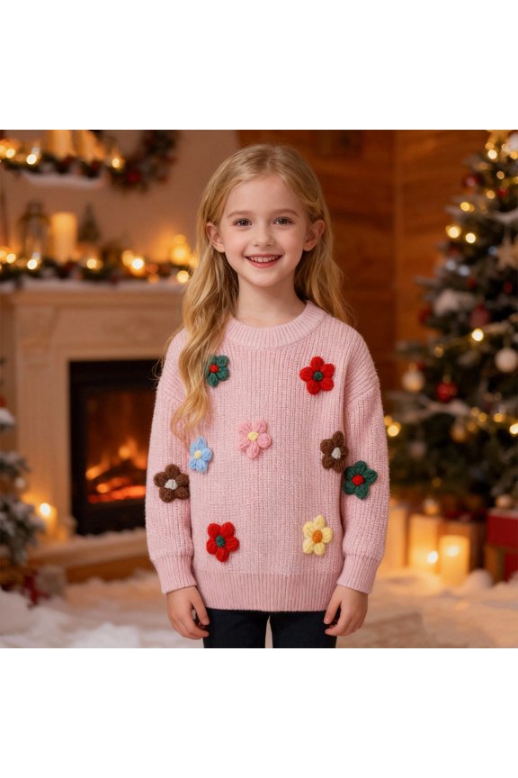 Girls Kids Knit Sweater 3D Colorful Flower Appliques Soft Crewneck Long Sleeve Top Autumn Winter Warm Pullover Cardigan