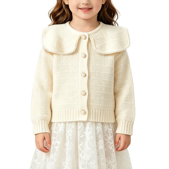 XXWXYD Girls Knit Cardigan Kids Cream Sweater with 𝖯eter-Pan Collar Long Sleeve Knitted Jacket Sweet Elegant Cardigan Sweater Coat Girls Knit Cardigan Long Sleeve