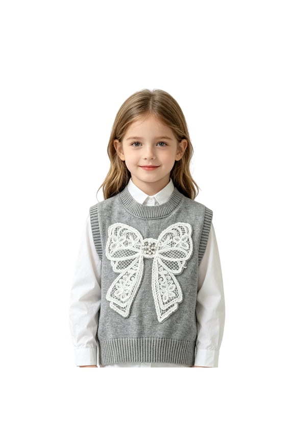 Girls Lace Bow Knit Vest Boys Girls Sweater Vest Bow Front Tie Cable Knit Pullover Tops Kids School Unifor𝗆 V Neck Sleeveless Sweater Waistcoat Clothes Girls V Neck Knit Vest Back-To-School