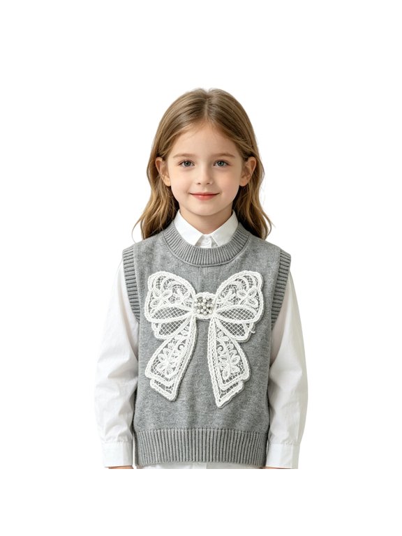 Girls Lace Bow Knit Vest Boys Girls Sweater Vest Bow Front Tie Cable Knit Pullover Tops Kids School Unifor𝗆 V Neck Sleeveless Sweater Waistcoat Clothes Girls V Neck Knit Vest Back-To-School