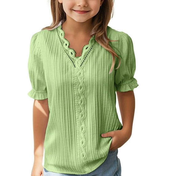 XXWXYD Girls Lace Trim Blouse, Elegant Puff Sleeve Hollow Out Shirt, Summer Casual V Neck Loose Fit Trendy Tops