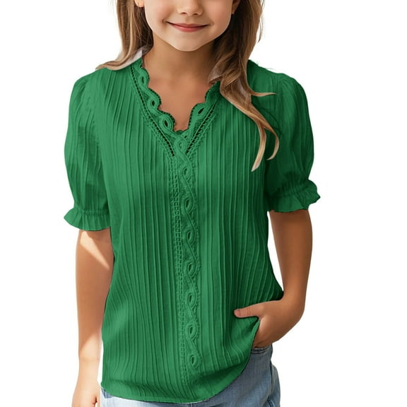 XXWXYD Girls Lace Trim Blouse, Elegant Puff Sleeve Hollow Out Shirt, Summer Casual V Neck Loose Fit Trendy Tops