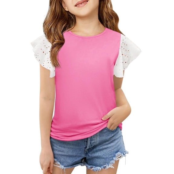 XXWXYD Girls Lace Trim Ruffled Sleeve T-Shirt, Round Neck Short Sleeve Summer Top with Floral Print, Cute Comfort Fit Blouse for 3-12 Years