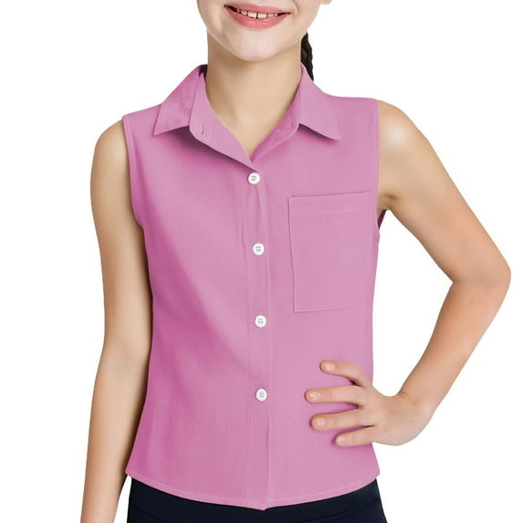 XXWXYD Girls Lapel Button Vest Shirt, Solid Color Cotton Linen Blouse, Casual Breathable Button Up Top for Middle Large Kids