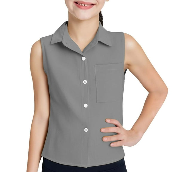 XXWXYD Girls Lapel Button Vest Shirt, Solid Color Cotton Linen Blouse, Casual Breathable Button Up Top for Middle Large Kids