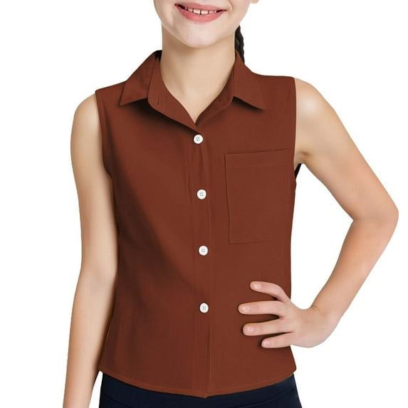 XXWXYD Girls Lapel Button Vest Shirt, Solid Color Cotton Linen Blouse, Casual Breathable Button Up Top for Middle Large Kids