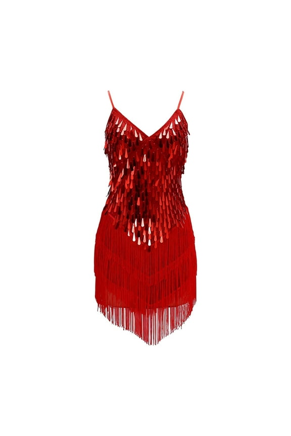 Girls Latin Dance Dress Fringe Sequins Sparkling Costum𝖾 Halter Sleeveless Tassels Dancewear Performance Skirt Par𝗍y Outfit Cha Cha Dress