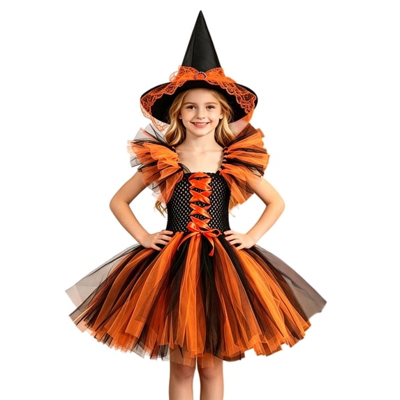 XXWXYD Girls Layered Ruffle-Shoulder Witch Tutu Dress with Hat, Sleeveless Mesh Tulle Lace-Up Halloween Party Performance Outfit Eight Color Choices
