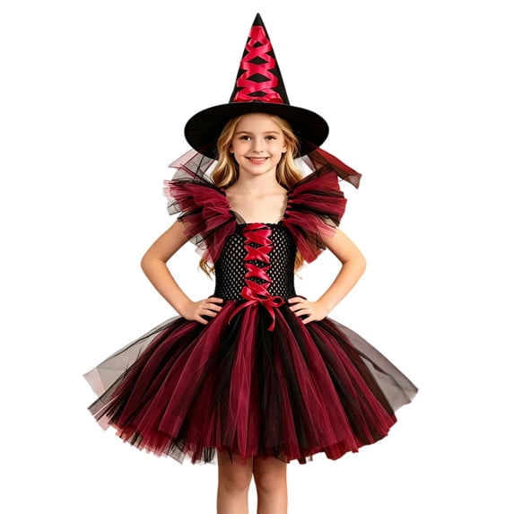 XXWXYD Girls Layered Ruffle-Shoulder Witch Tutu Dress with Hat, Sleeveless Mesh Tulle Lace-Up Halloween Party Performance Outfit Eight Color Choices