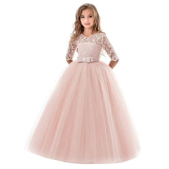 XXWXYD Girls Long Dress Spring Summer Solid Medium Sleeve Round Neck Embroidered Mesh Spliced Bow Tie Par𝗍y Birthday Performance Dress for Kids Children Maxi Dress Par𝗍y Wear