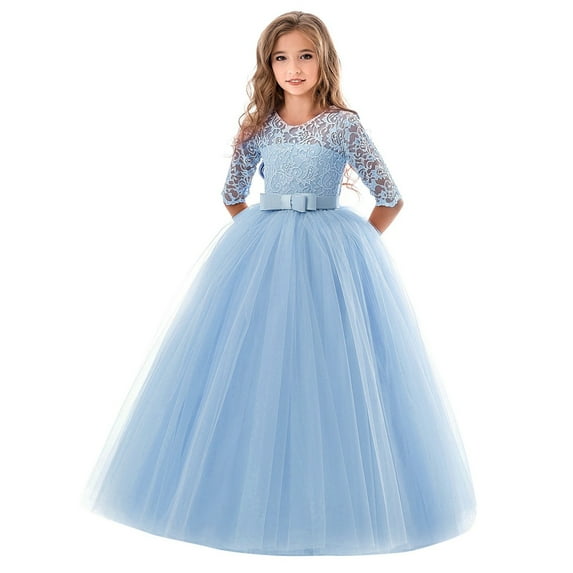 XXWXYD Girls Long Dress Spring Summer Solid Medium Sleeve Round Neck Embroidered Mesh Spliced Bow Tie Par𝗍y Birthday Performance Dress for Kids Children Maxi Dress Par𝗍y Wear