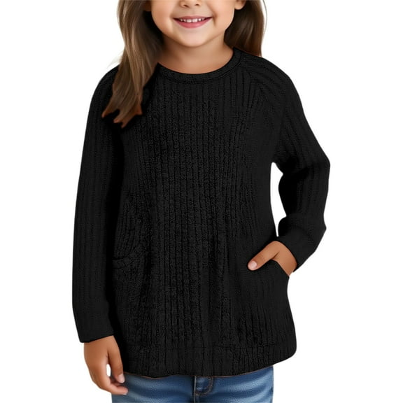 XXWXYD Girls Long Sleeve Crewneck Sweaters Loose Knit Tops with Pocket Soft Yarn Fall Tunic Casual Solid Color Clothes 3-14 Years