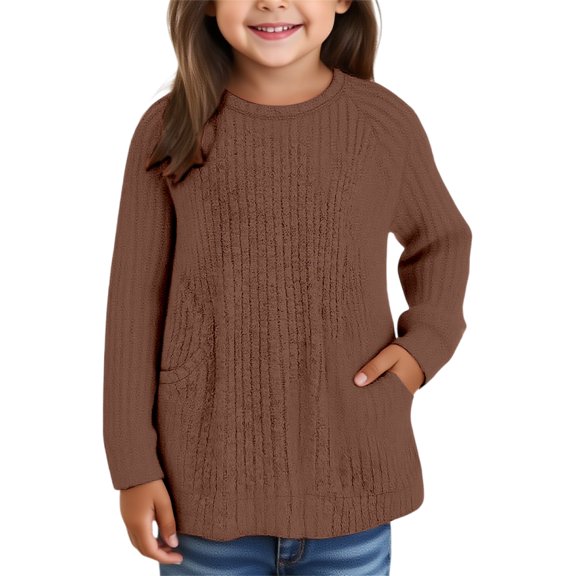 XXWXYD Girls Long Sleeve Crewneck Sweaters Loose Knit Tops with Pocket Soft Yarn Fall Tunic Casual Solid Color Clothes 3-14 Years