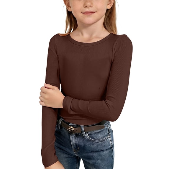 XXWXYD Girls Long Sleeve Shirts Ribbed Knit Cotton Crewneck Tops Slim Fit Casual Crewneck Comfy Cute Basic Tee Tops for Kids 5-14 Years