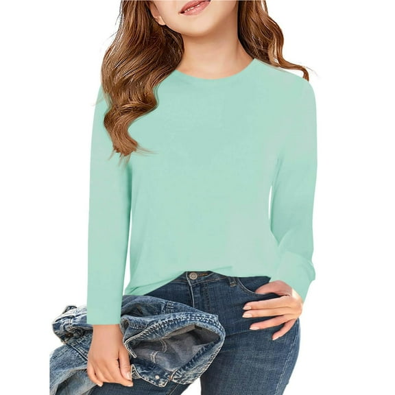 XXWXYD Girls Long Sleeve T-Shirts Soft Basic Tee for Kids 5-14Y, Casual Crewneck Solid Color Top, Comfortable Youth Clothes, Stretchy Cotton Daywear