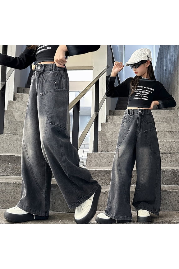 Girls Loose Fit Jeans Wide Leg Straight High Waisted Denim Pants, 𝖸𝟤𝖪 Streetwear Elastic Waist Trousers for Fall Winter