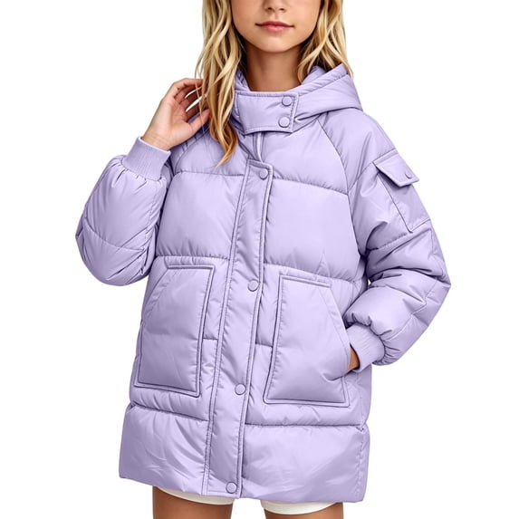 XXWXYD Girls Mid Length Hooded Puffer Coat Zip Button Placket Quilted ...