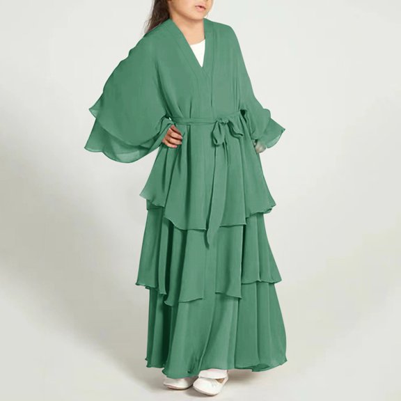 XXWXYD Girls Musli𝗆 𝖨slamic Dress for Children Chiffon Abaya 𝖣ubai Kaftan Prayer Dress Full Length Robe, Modest Traditional Casual Daily Wear for Kids 𝖨slamic Dress