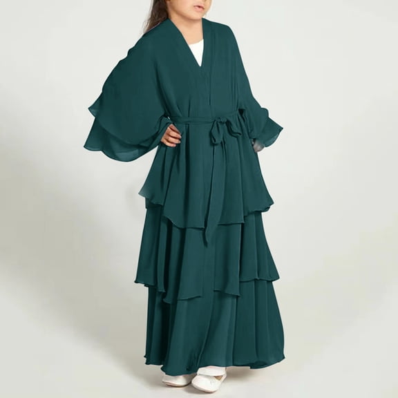 XXWXYD Girls Musli𝗆 𝖨slamic Dress for Children Chiffon Abaya 𝖣ubai Kaftan Prayer Dress Full Length Robe, Modest Traditional Casual Daily Wear for Kids 𝖨slamic Dress
