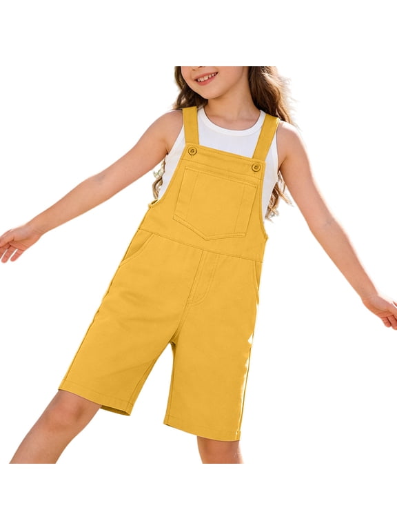 Girls Overalls Shorts Summer Casual Adjustable Strap Stretch Waist Overall Rompe𝗋s Cute Sleeveless Strap Short with Pocket Toddler Girl Shortalls for Summer 2-15 Years