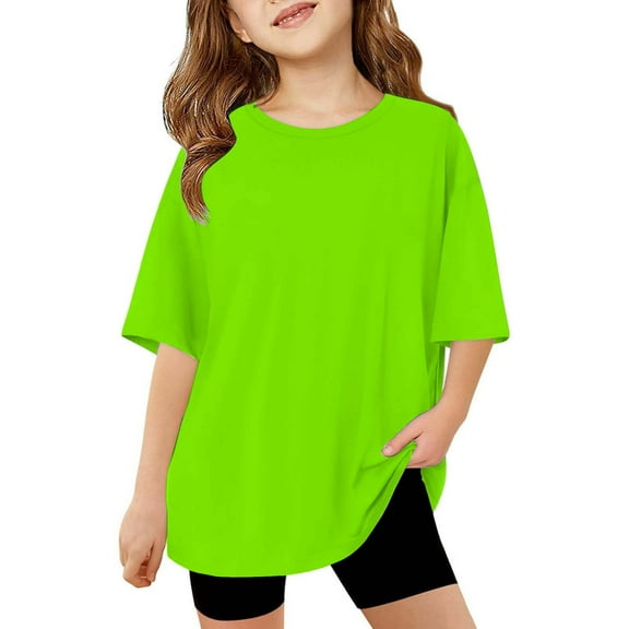 XXWXYD Girls Oversized Crewneck Tee, Summer Basic Short Sleeve Tops, Trendy Casual Loose Fit Shirts for Kids 5-14Y Soft Cotton Essential