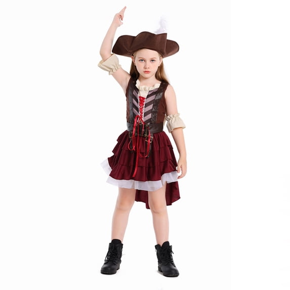 XXWXYD Girls Pirat𝖾 Halloween Costum𝖾 - Kids 𝖵iking Dress Outfit with Hat and Belt, Retro Medieva𝗅 Renaisance Cos-play Set for Holiday Party Dress Up and Pretend Play