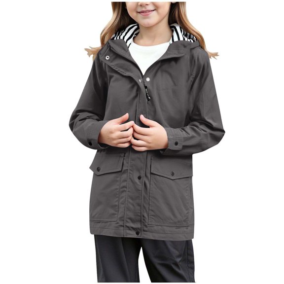 XXWXYD Youth Girls Waterproo𝖿 Rain Jacket Long Sleeve Windbreaker Zip Button Hooded Coats With Pockets Camping Coat For Teen Back-to-School Windproof Rain Jacket