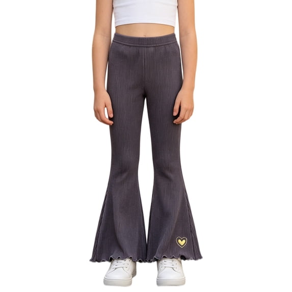 XXWXYD Girls Rib‑Knit Flare Pants, Elastic‑High‑Waist Bell‑Bottom Trousers With Heart Embroidery, Stretchy Knit Bottoms For Kids Casual Daily Dressing