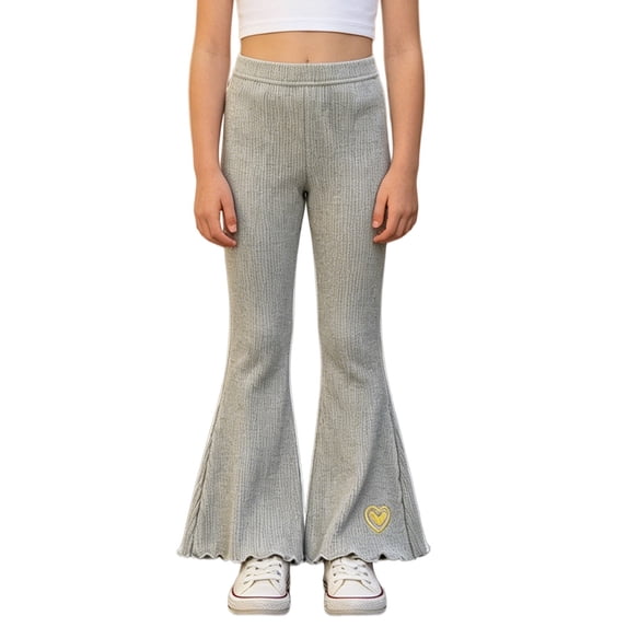 XXWXYD Girls Rib‑Knit Flare Pants, Elastic‑High‑Waist Bell‑Bottom Trousers With Heart Embroidery, Stretchy Knit Bottoms For Kids Casual Daily Dressing